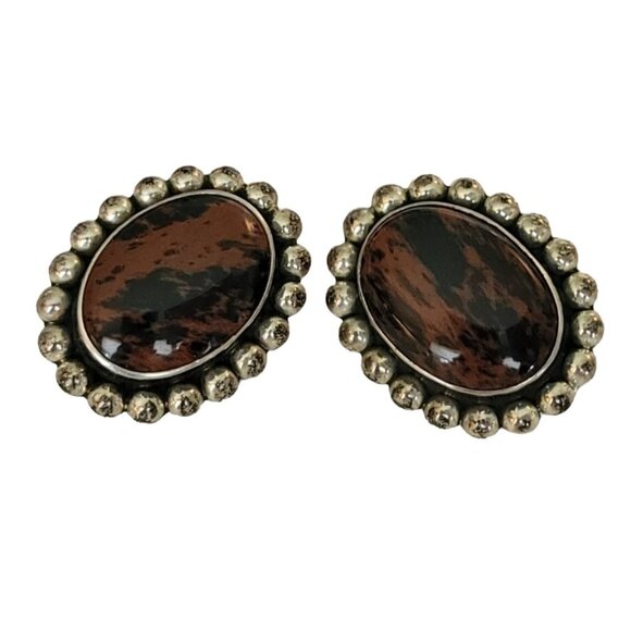Sterling 925 Mexico Mahogany Obsidian Oval Clip On Earrings K49 - Picture 2 of 9